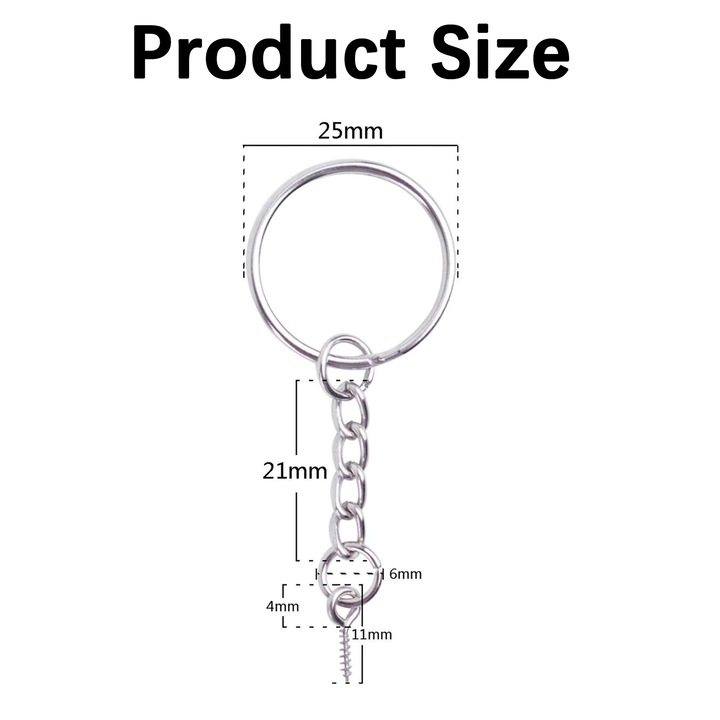 Set 100 de brelocuri cu lanturi si bucle deschise, SINBINTA, Suprafata este neteda si fara bavuri, Sigura si durabila, Usor de dezasamblat, Pentru a tine chei, pandantive, accesorii, artizanat, papusi, jucarii, snururi, Fier, 25x60mm, Argintiu