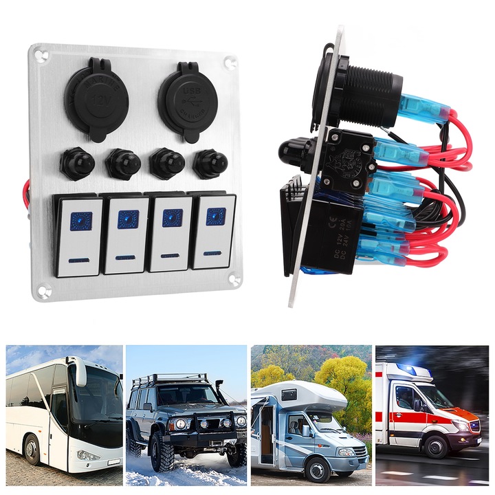 4 sávos billenőkapcsoló panel, Jormftte, alumínium, 12-24V, 2 kék fénnyel, előre bekötve