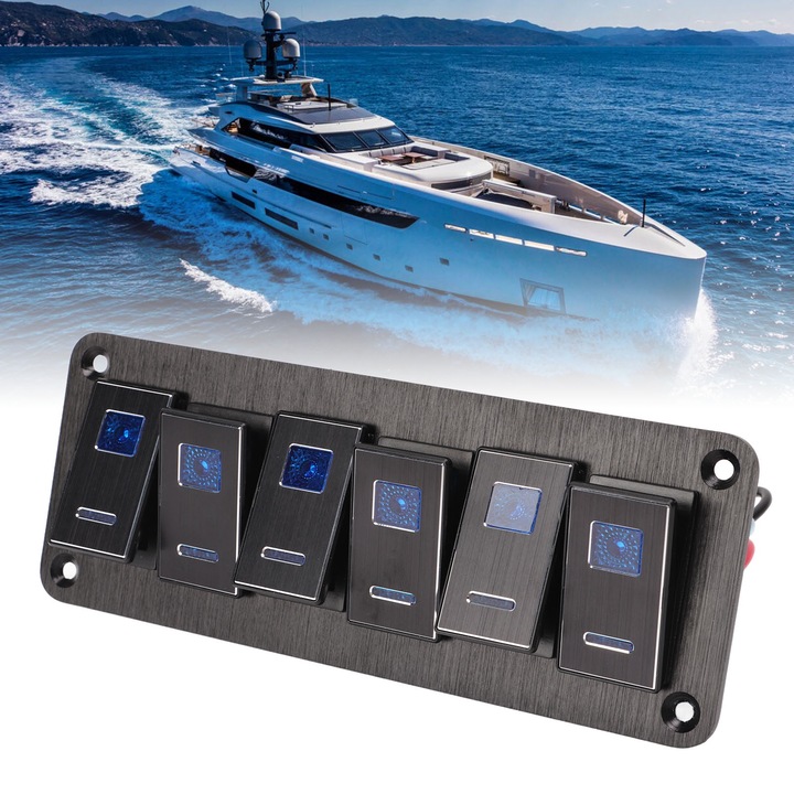 6 csoportos billenőkapcsoló panel, vízálló, kék háttérvilágítású, alumíniumötvözet, fekete eloxált, autóhoz, teherautóhoz, lakóautóhoz, hajóhoz DC12V-24V