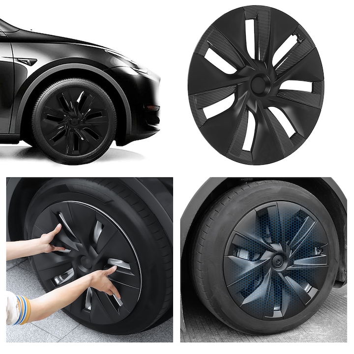 Комплект капачки за джанти Jormftte от 4, съвместими с Tesla Model Y 2020-2023, ABS, въглеродно черно, 19 инча