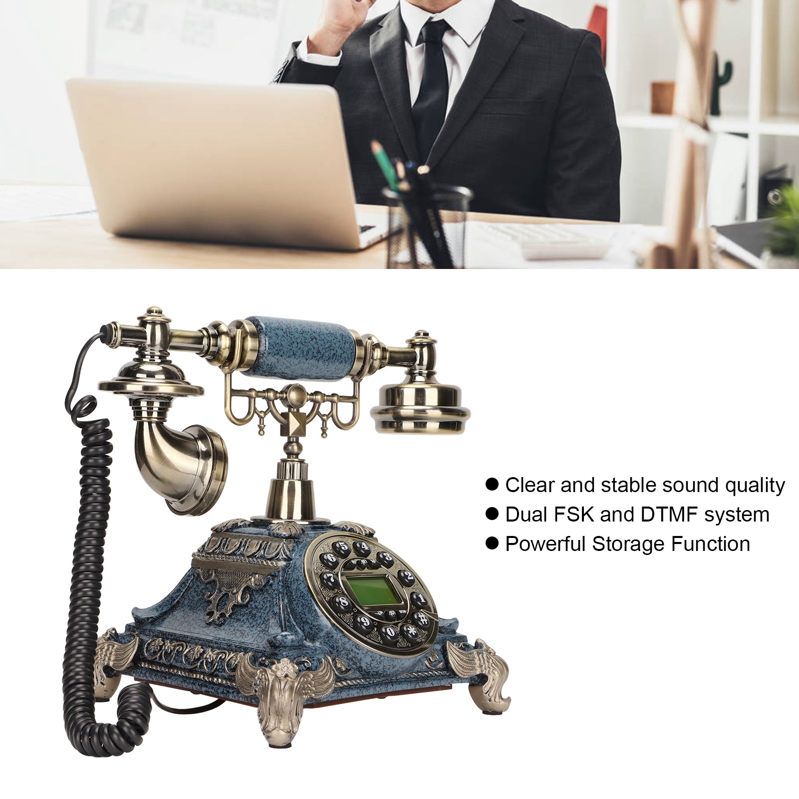 Telefon fix retro Mmgoqqt, Lemn, Albastru - eMAG.ro