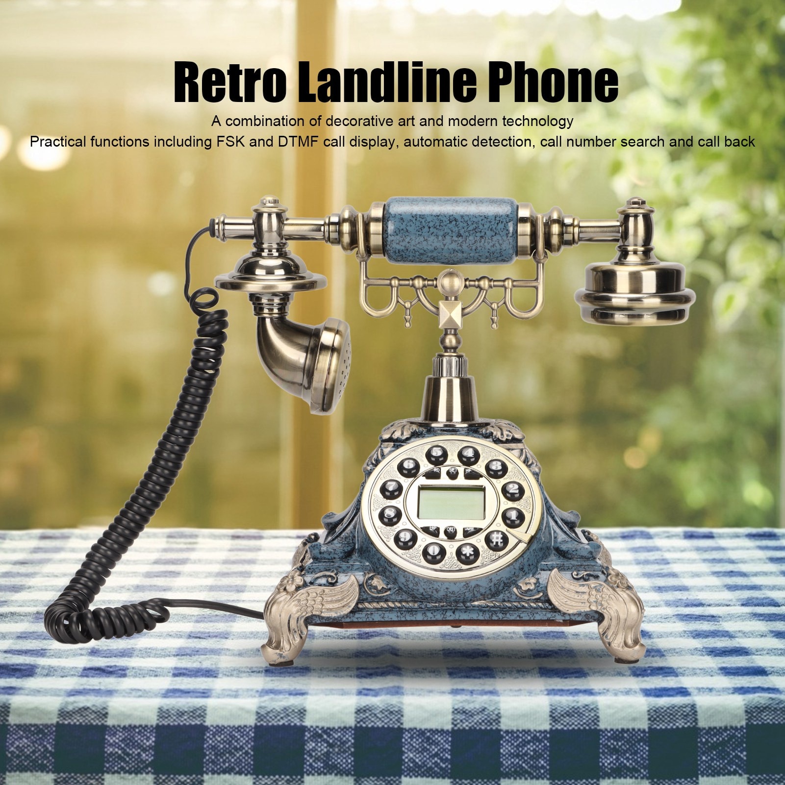 Telefon fix retro Mmgoqqt, Lemn, Albastru - eMAG.ro