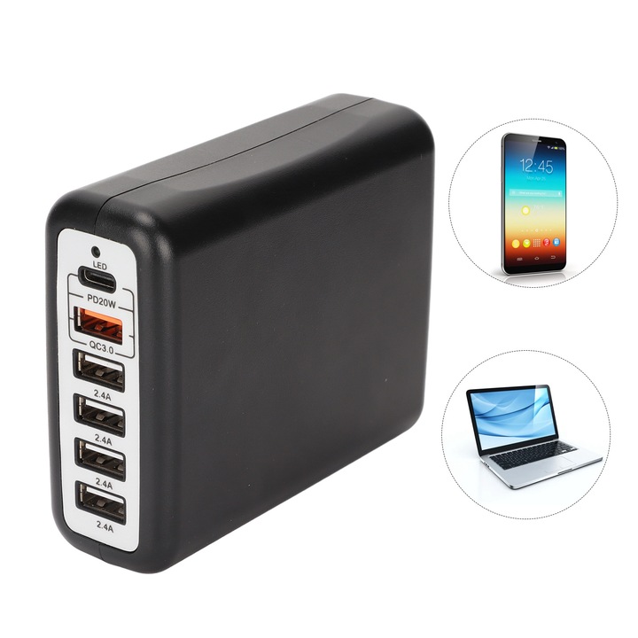 Jormftte A13 USB töltőállomás, 100W, 4 portos, 5V 9V 12V, adapter