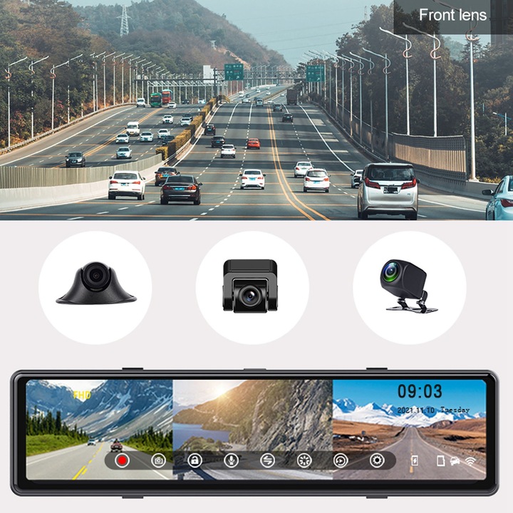 Autó DVR kamera Jormftte, háromszoros tükör, 12 hüvelykes, 2560x1440, Bluetooth támogatás, 24 órás parkolásfigyelés