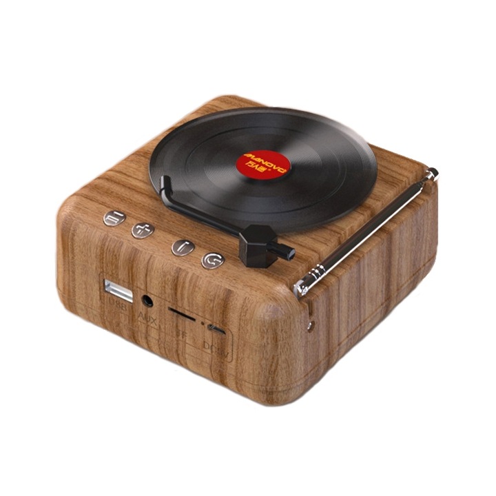 Boxa portabila Manovo H3, Bluetooth 5.0, Forma mini player vinil retro, Durata baterie 10 ore, Culoare lemn natural