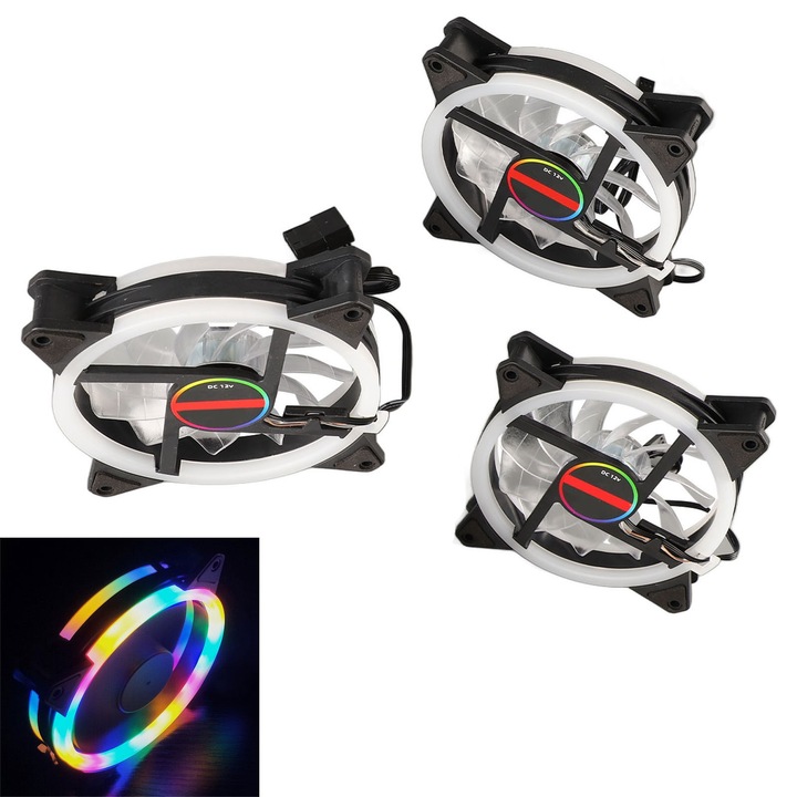 Jormftte PC ventilátor 120mm, 3 db-os készlet, csendes, 16 LED, ABS, 12cm