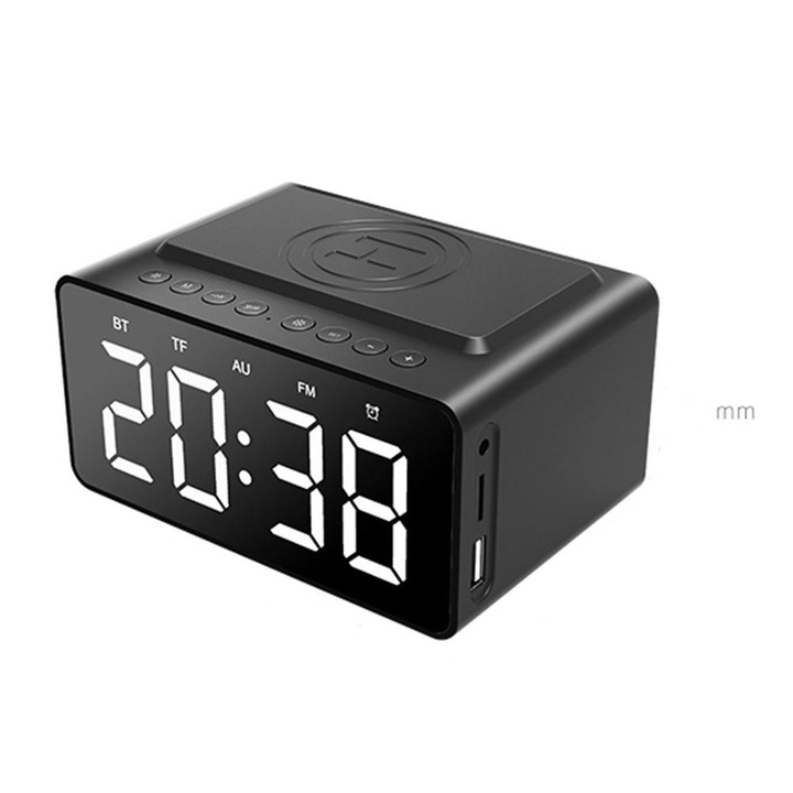 Boxa portabila AEC BT508, Bluetooth 5.0, Incarcare Wireless, Ceas cu LED-uri, Power Bank, Negru