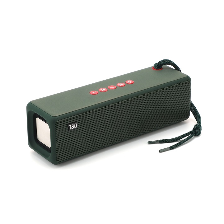 Boxa portabila T&G TG271 TWS Subwoofer, Bluetooth, Suport USB/AUX/TF Card/FM, Cu Sfoara Impletita, Verde