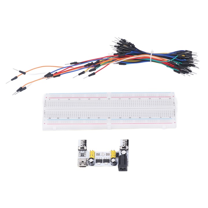 Kit breadboard 830 puncte de legatura, Enforose, module de alimentare 3V/5V, cabluri jumper, alb