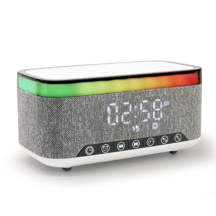 Boxa portabila AEC S300, 10W, Bluetooth 5.0, Ceas cu Alarma, Incarcator Wireless, Alb
