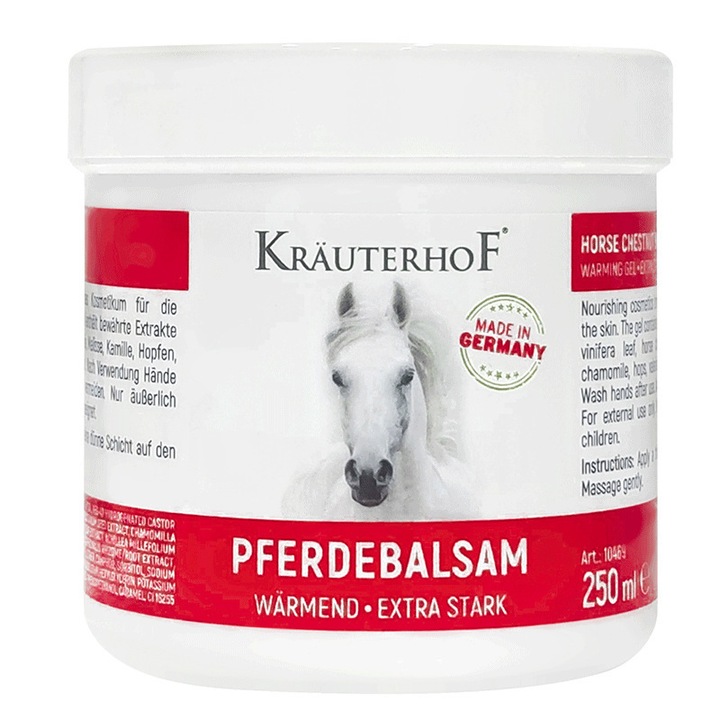 Масажен крем при болки в ставите - Horse Balm KRAUTERHOF, Масажен гел с конски кестен, термоуспокояващ, при шийни, лумбални болки, краста и други болки в ставите, 250мл.