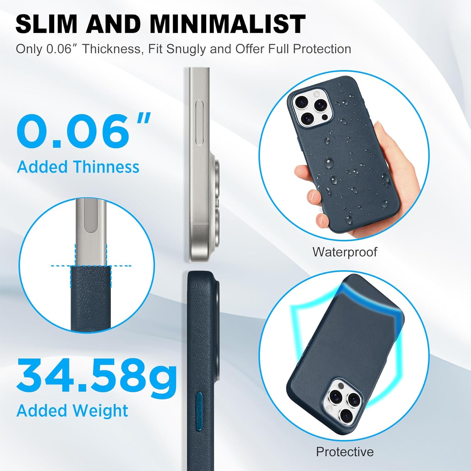 Husa piele pentru iphone 16 PRO, RiKbo® Leather Case compatibil magsafe, interior microfibra, Albastra
