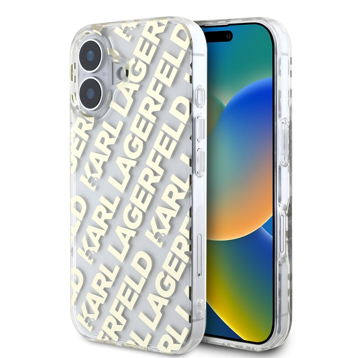 Husa de protectie Karl Lagerfeld IML Electroplated Repeated Logo pentru iPhone 16, Transparent/Auriu