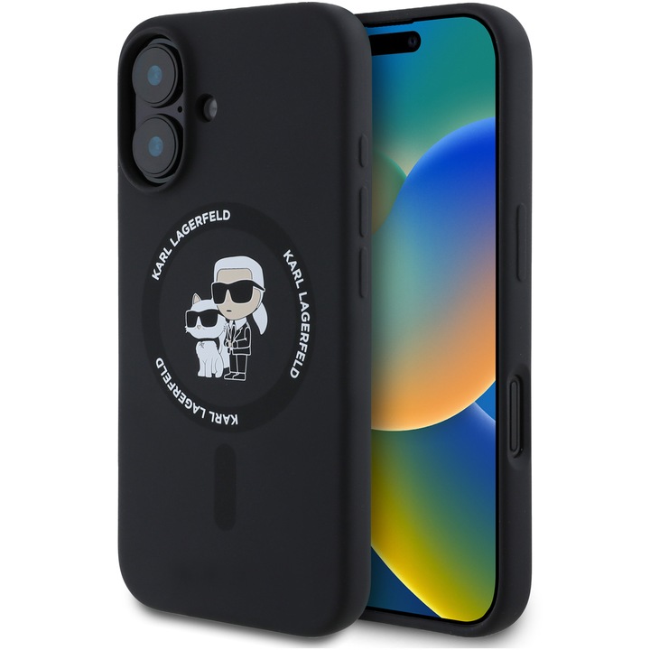 Предпазен калъф Karl Lagerfeld Liquid Silicone Karl and Choupette MagSafe за iPhone 16 Plus, Черен