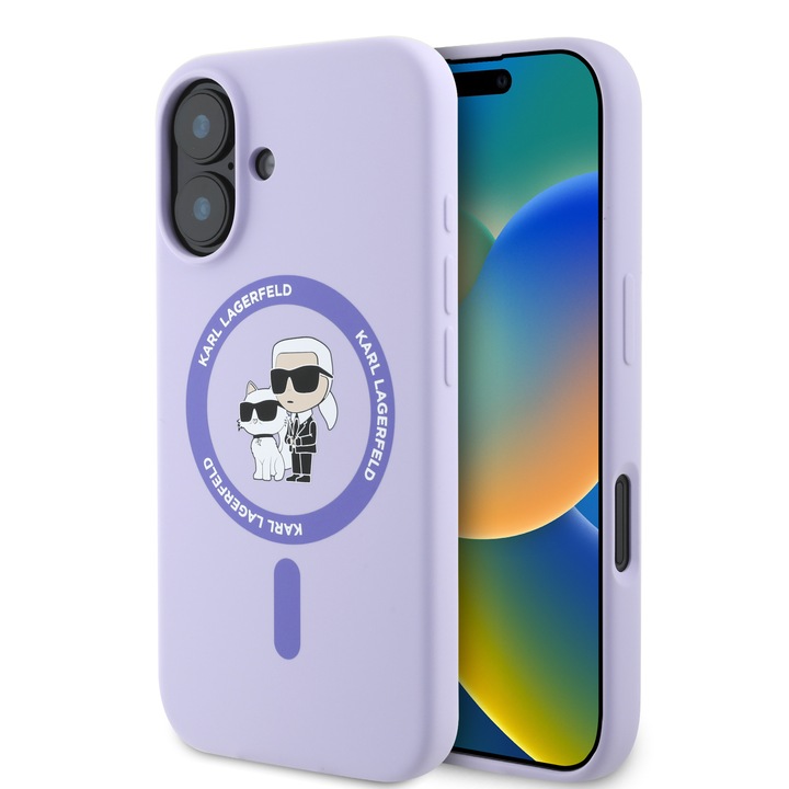 Husa de protectie Karl Lagerfeld Liquid Silicone Karl and Choupette MagSafe pentru iPhone 16, Mov