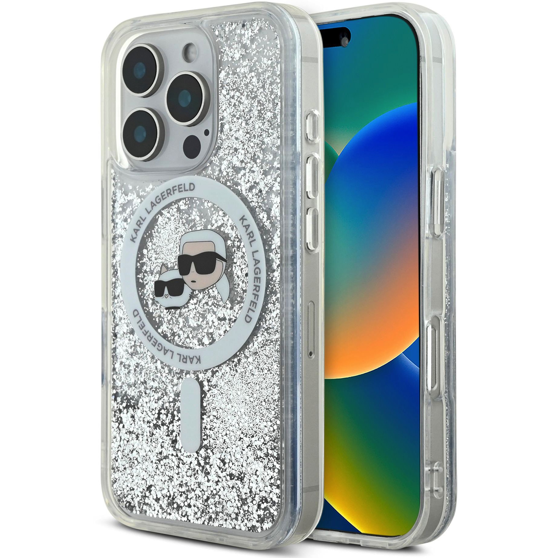 Husa de protectie Karl Lagerfeld Liquid Glitter Karl and Choupette Heads MagSafe pentru iPhone 16 Pro Max, Transparent