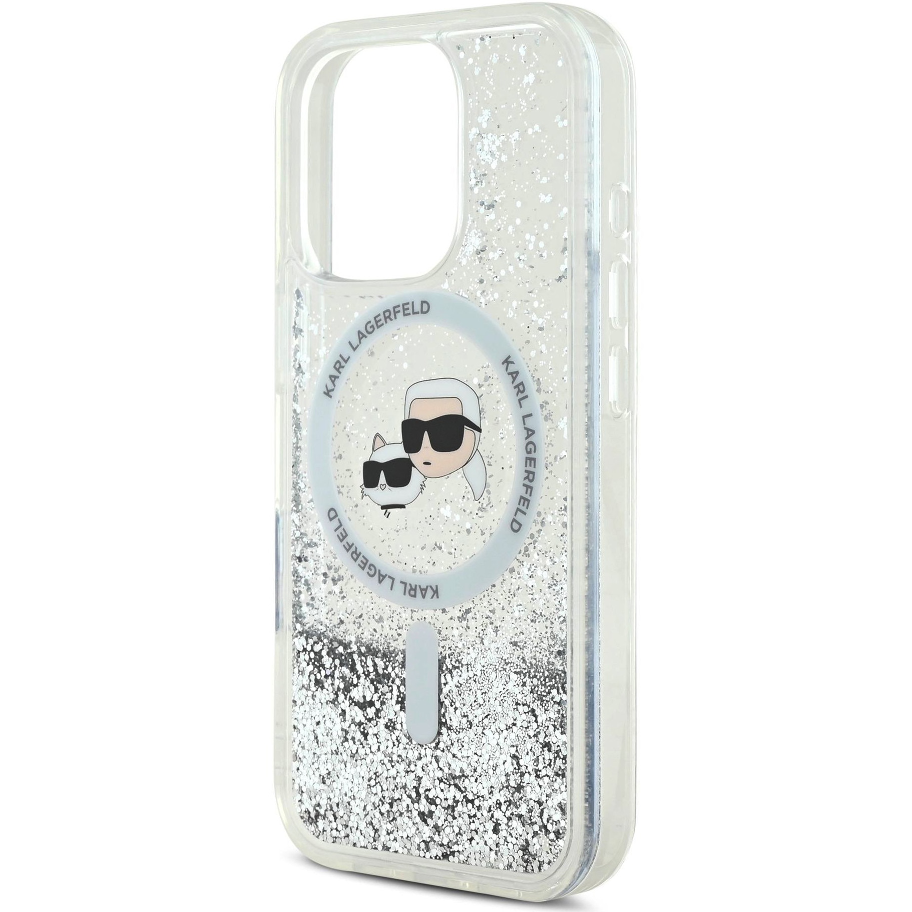 Husa de protectie Karl Lagerfeld Liquid Glitter Karl and Choupette Heads MagSafe pentru iPhone 16 Pro Max, Transparent