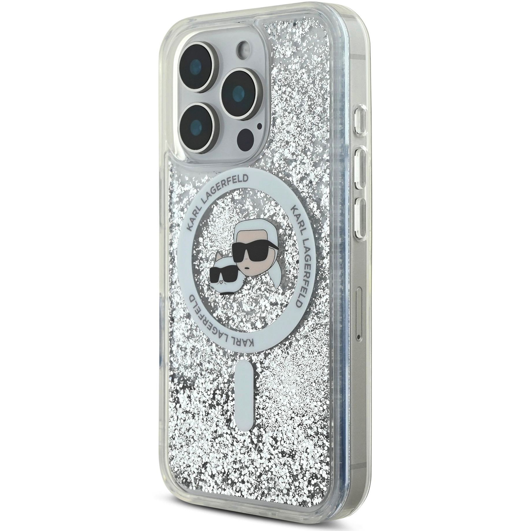 Husa de protectie Karl Lagerfeld Liquid Glitter Karl and Choupette Heads MagSafe pentru iPhone 16 Pro Max, Transparent