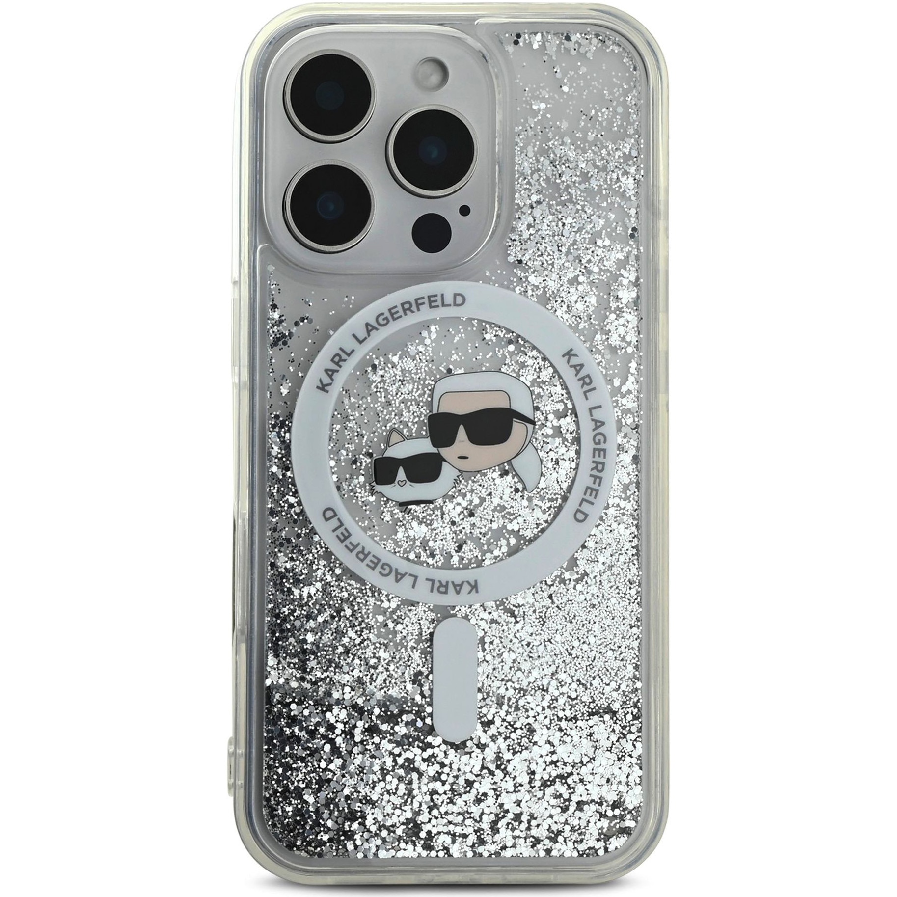 Husa de protectie Karl Lagerfeld Liquid Glitter Karl and Choupette Heads MagSafe pentru iPhone 16 Pro Max, Transparent