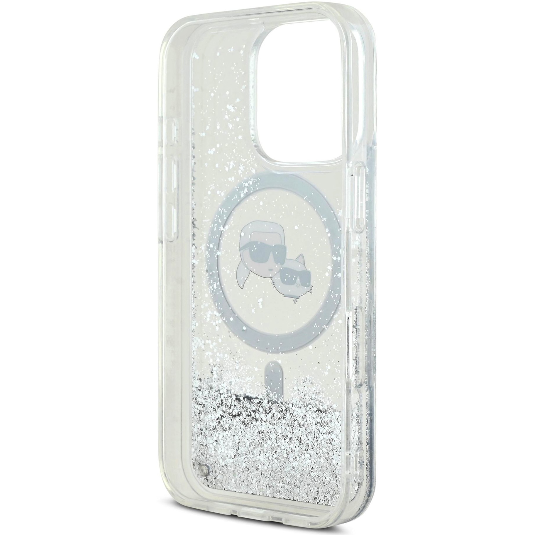 Husa de protectie Karl Lagerfeld Liquid Glitter Karl and Choupette Heads MagSafe pentru iPhone 16 Pro Max, Transparent