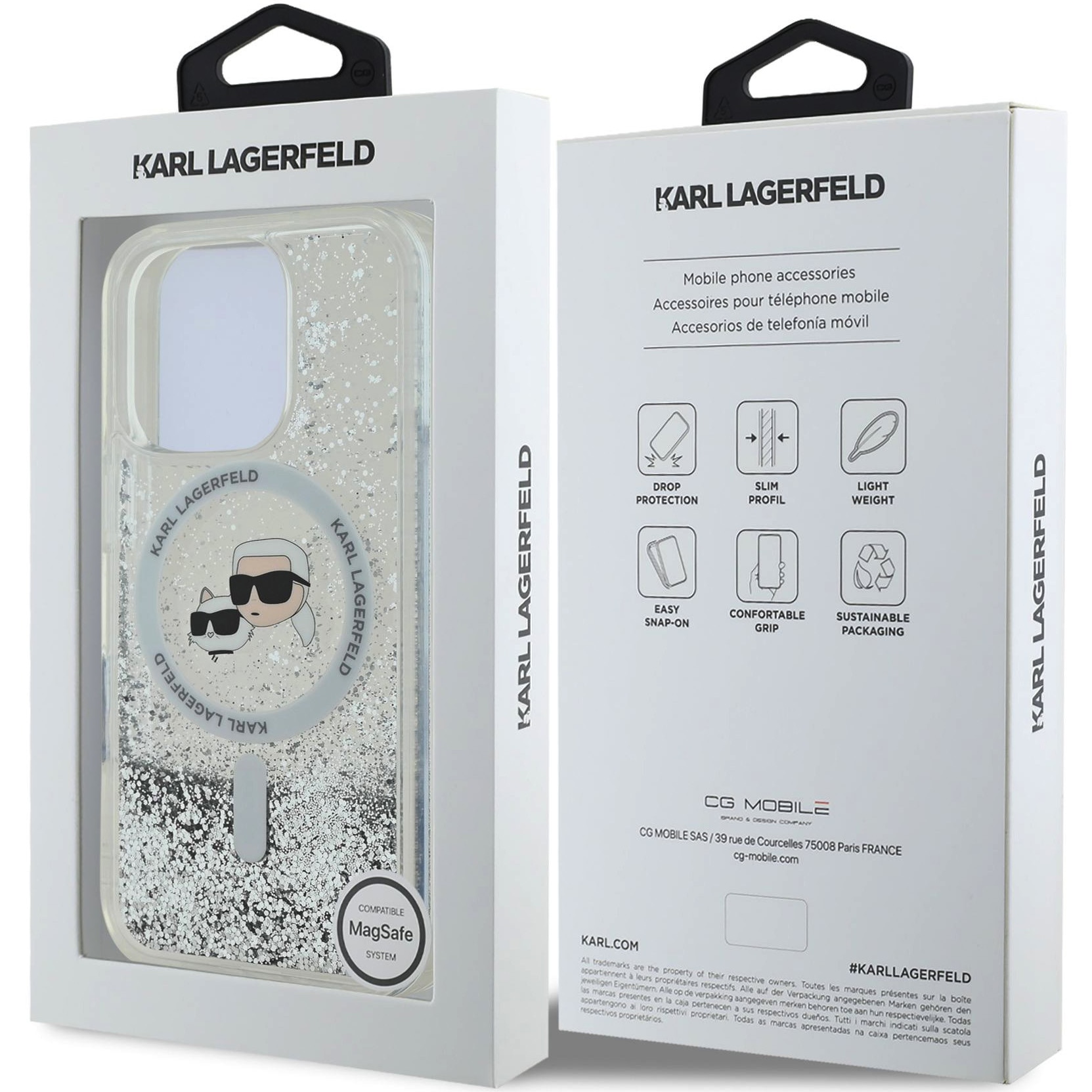 Husa de protectie Karl Lagerfeld Liquid Glitter Karl and Choupette Heads MagSafe pentru iPhone 16 Pro Max, Transparent