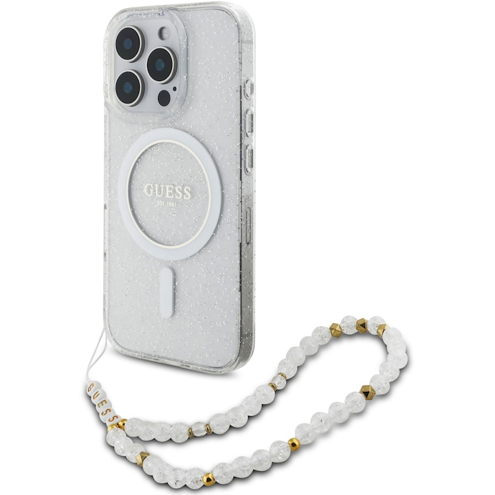 Защитно покритие Guess IML Glitter Beads Strap MagSafe за iPhone 16 Pro, прозрачно