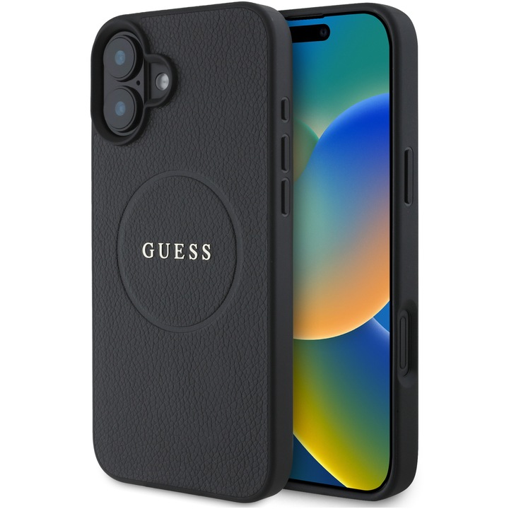 Husa de protectie Guess PU Grained Classic Logo MagSafe pentru iPhone 16, Negru