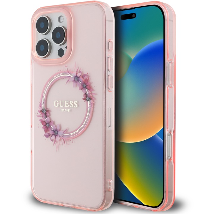 Husa de protectie Guess IML Flowers Ring MagSafe pentru iPhone 16 Pro Max, Roz