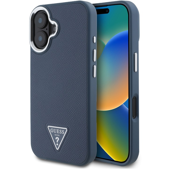 Предпазен калъф Guess PU Grained Triangle Logo за iPhone 16, Син