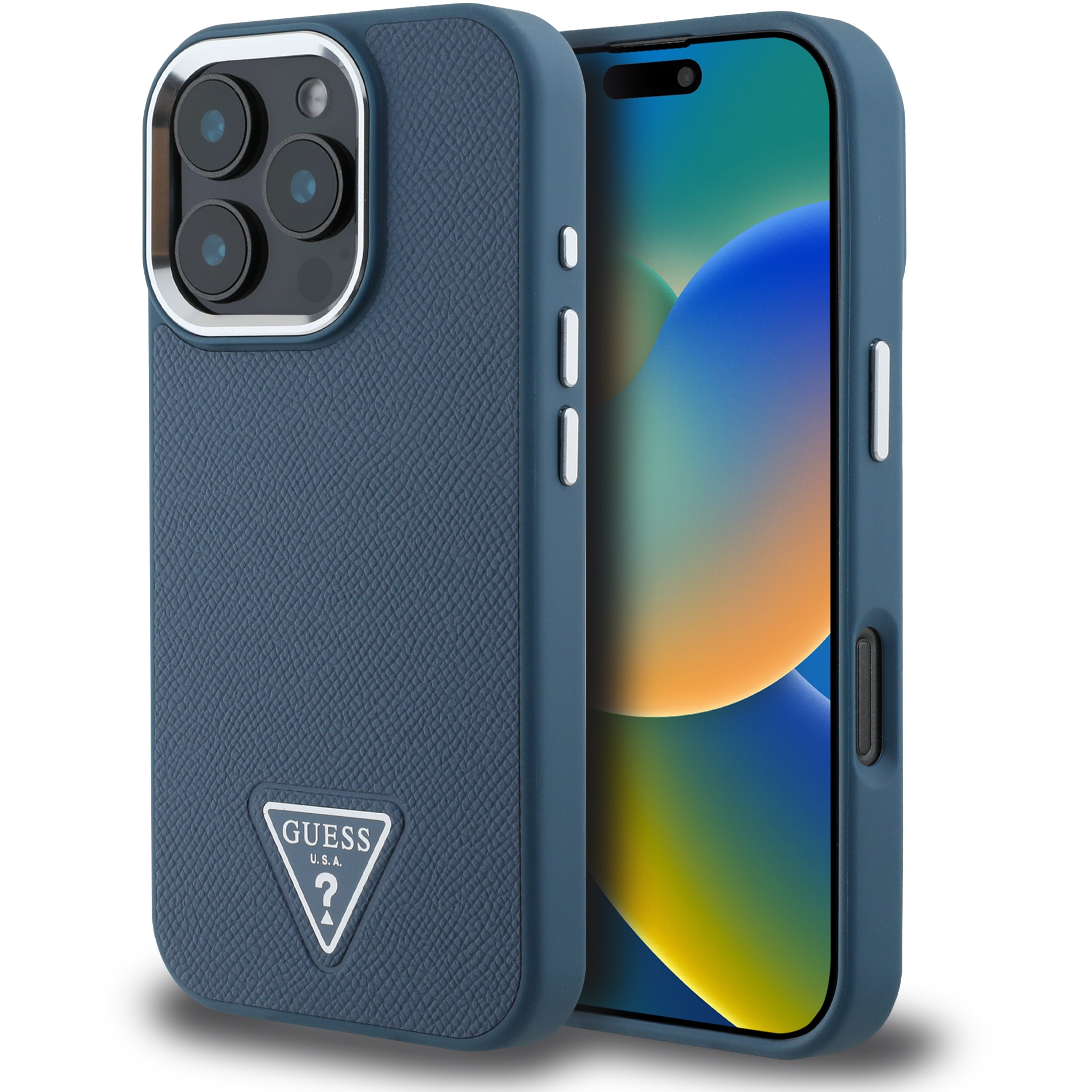 Husa de protectie Guess PU Grained Triangle Logo pentru iPhone 16 Pro, Albastru