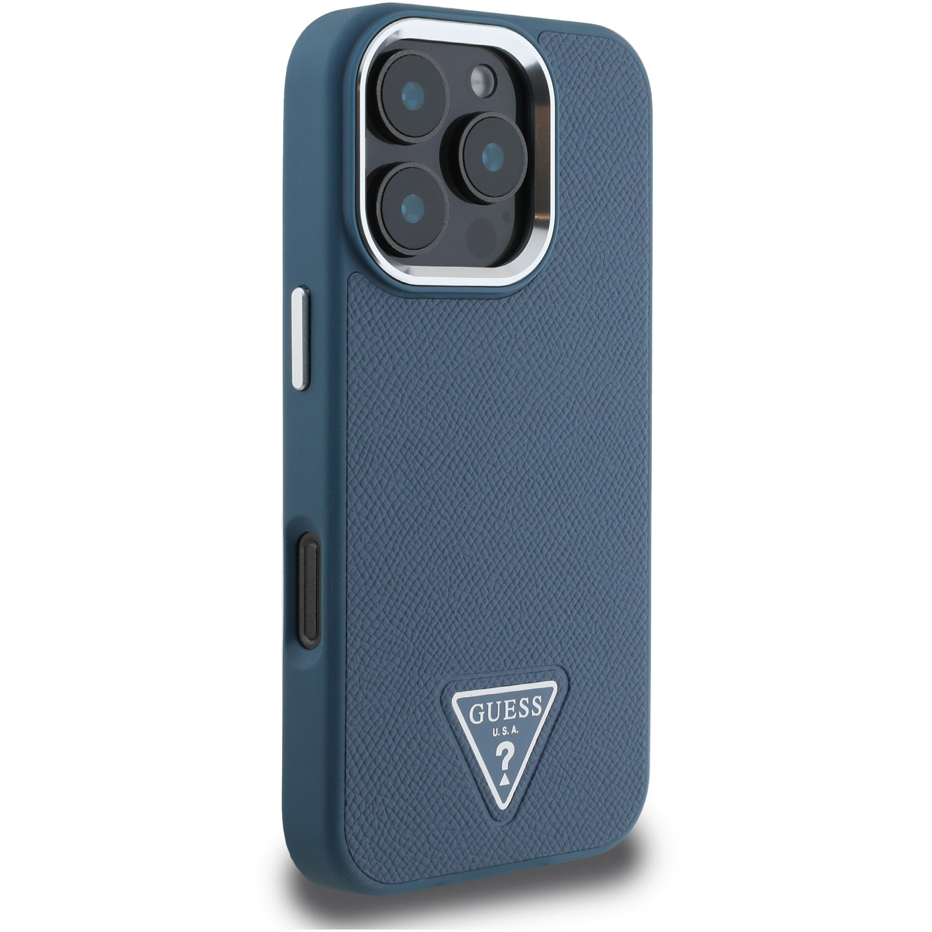 Husa de protectie Guess PU Grained Triangle Logo pentru iPhone 16 Pro, Albastru