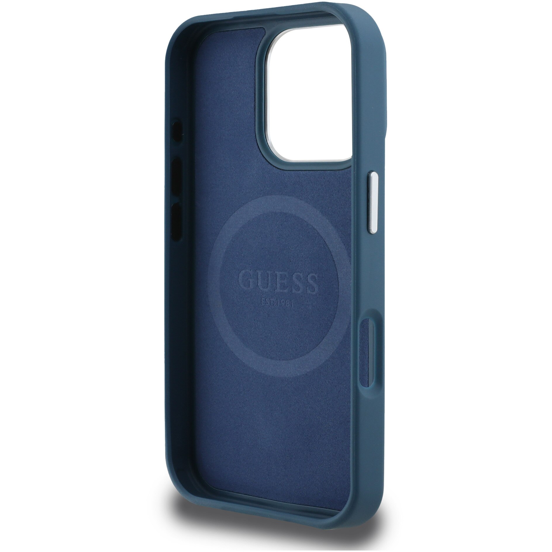 Husa de protectie Guess PU Grained Triangle Logo pentru iPhone 16 Pro, Albastru