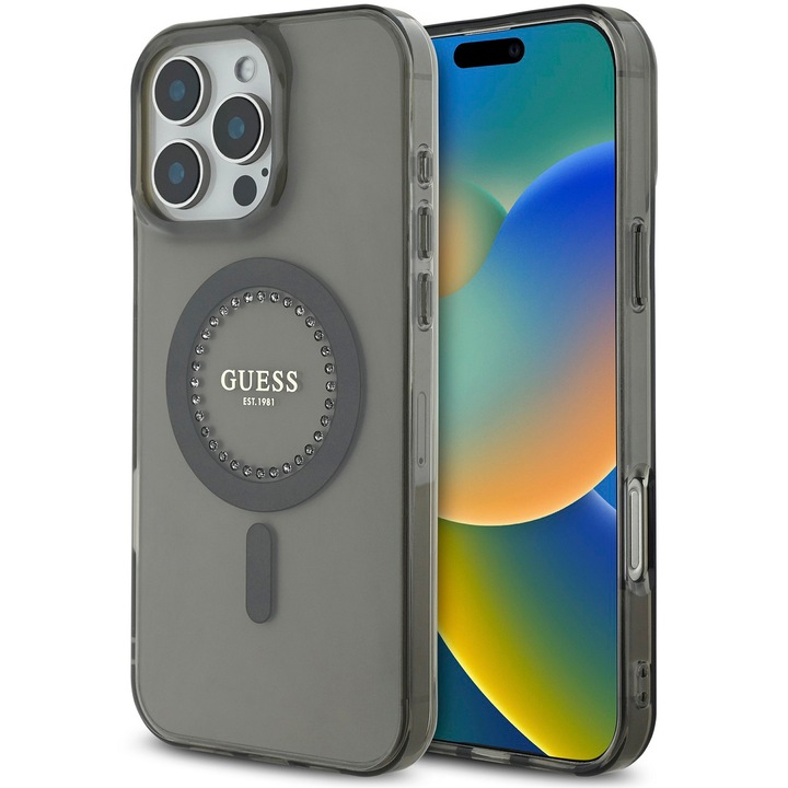Husa de protectie Guess IML Rhinestones Ring MagSafe pentru iPhone 16 Pro Max, Negru