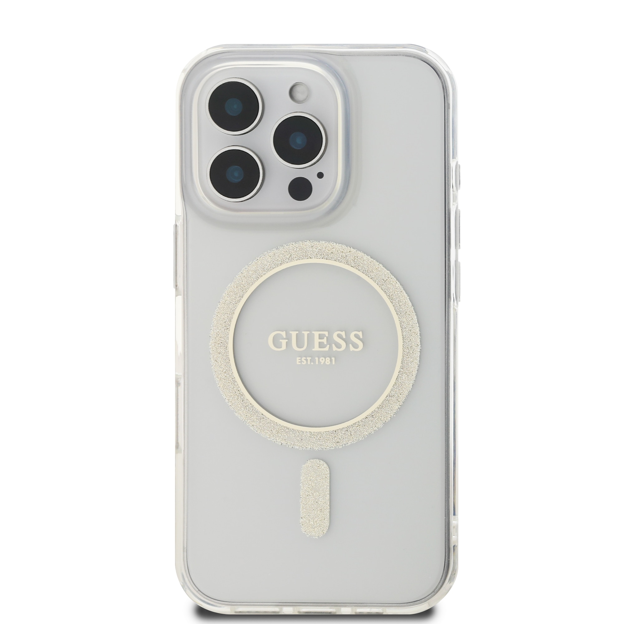 Husa de protectie Guess IML Glitter Ring MagSafe pentru iPhone 16 Pro Max, Transparent