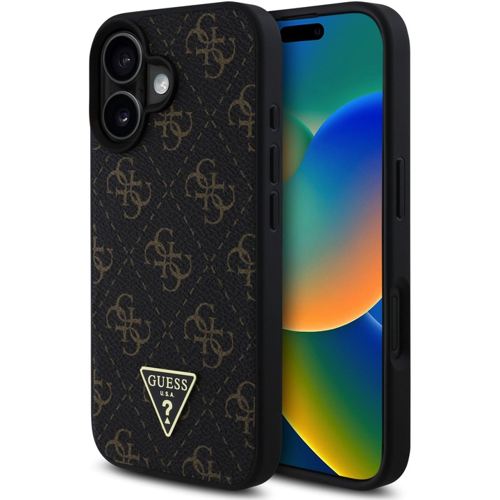 Husa de protectie Guess PU Leather 4G Triangle Metal Logo pentru iPhone 16, Negru