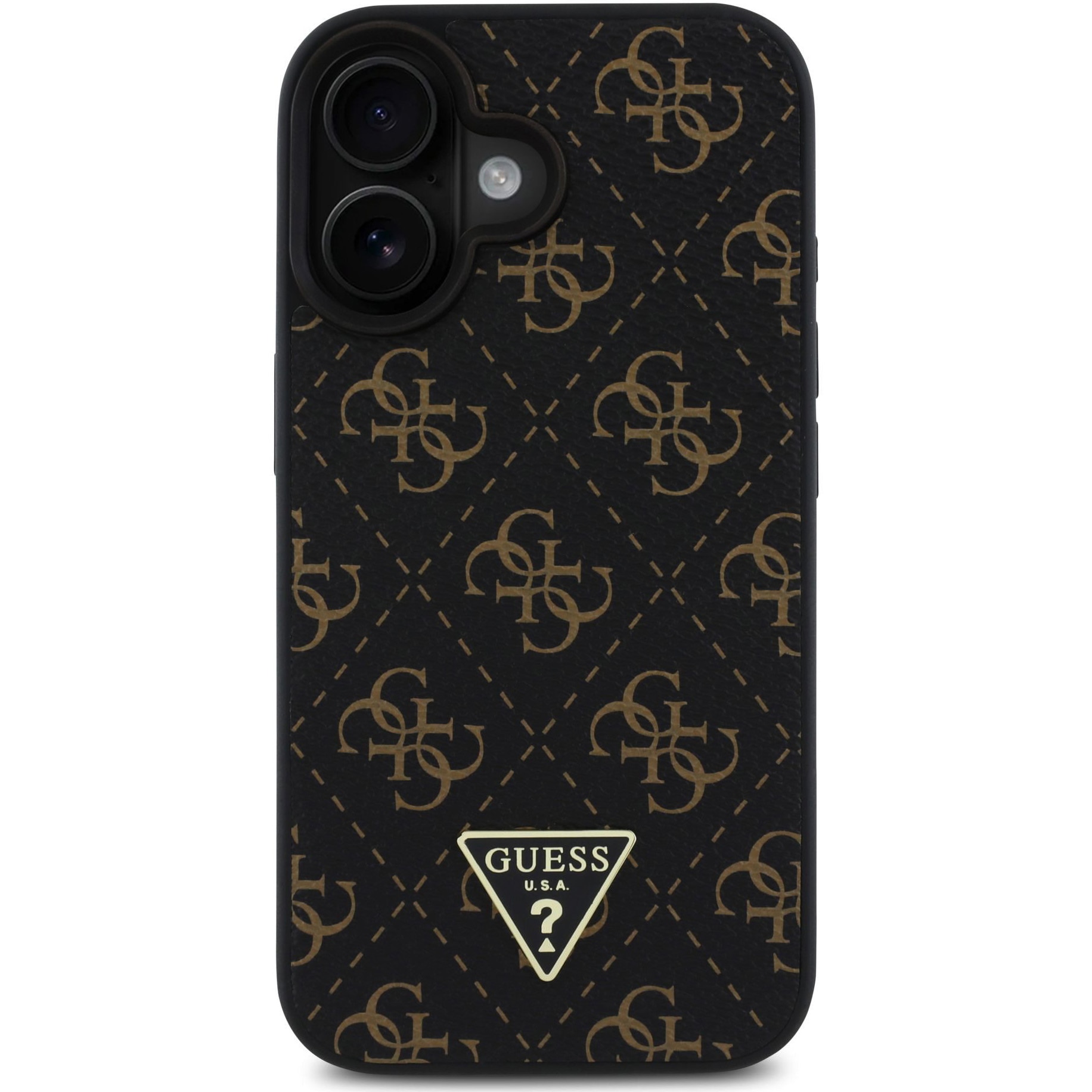 Husa de protectie Guess PU Leather 4G Triangle Metal Logo pentru iPhone 16, Negru