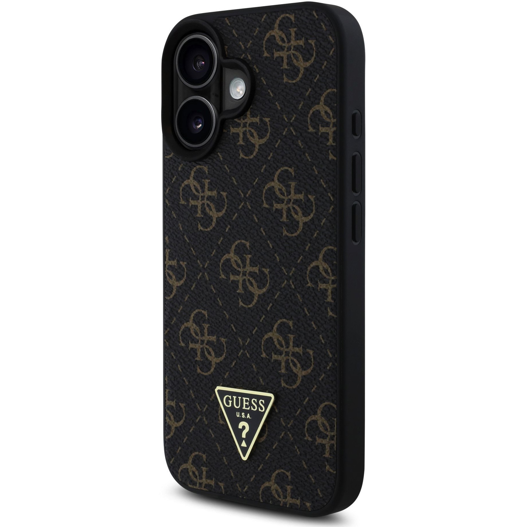 Husa de protectie Guess PU Leather 4G Triangle Metal Logo pentru iPhone 16, Negru