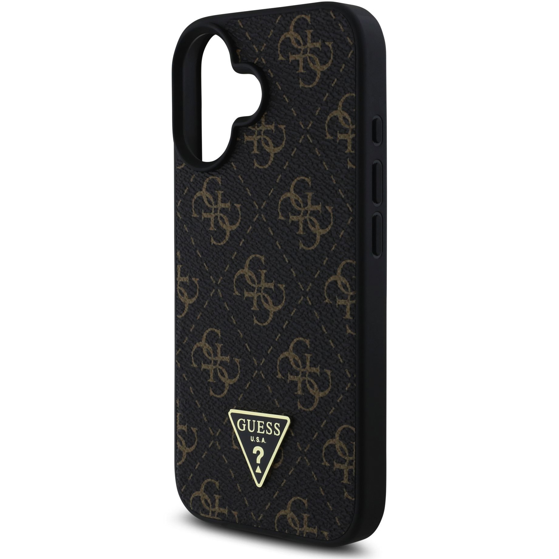 Husa de protectie Guess PU Leather 4G Triangle Metal Logo pentru iPhone 16, Negru