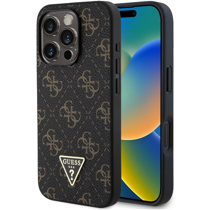 Husa de protectie Guess PU Leather 4G Triangle Metal Logo pentru iPhone 16 Pro, Negru