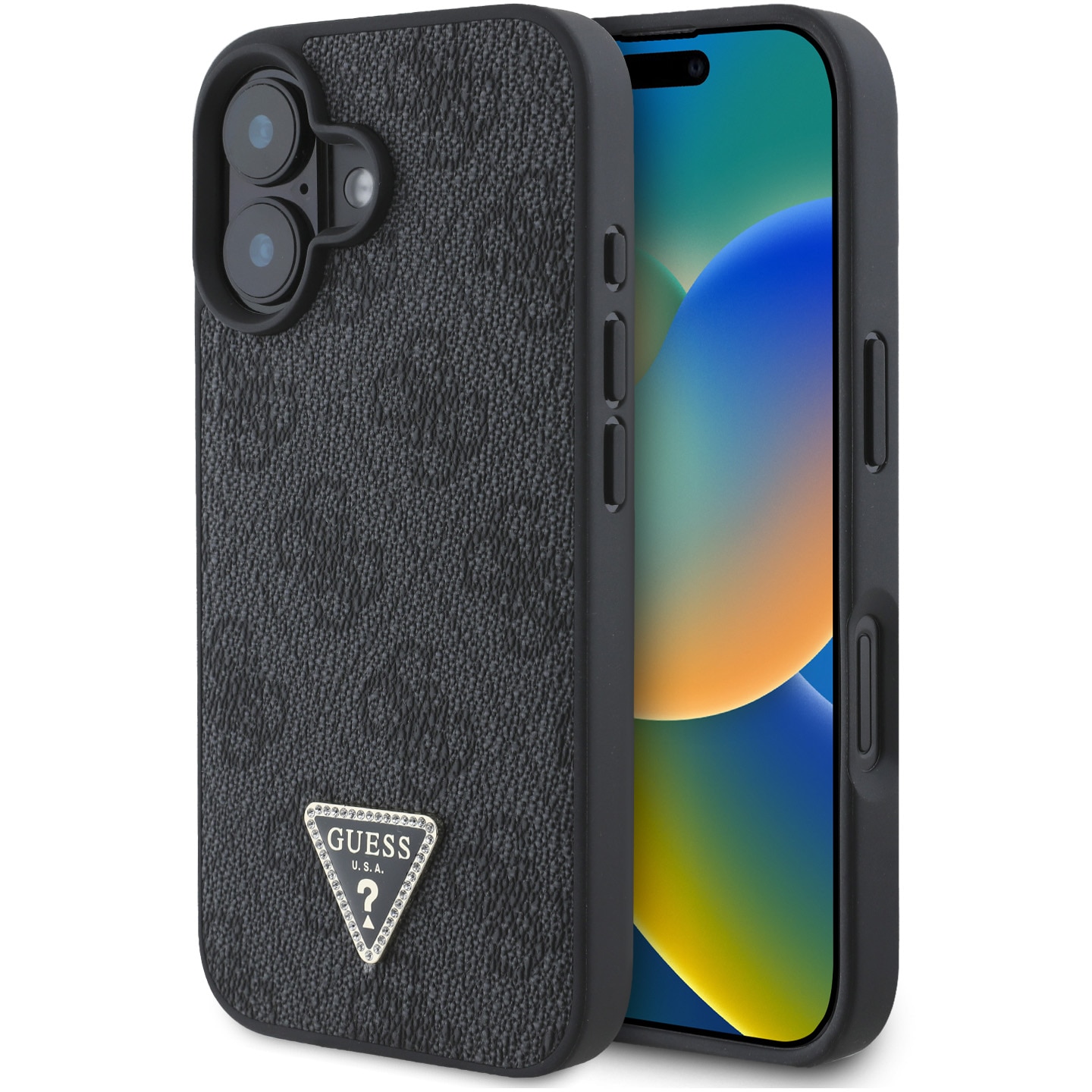 Husa de protectie Guess PU 4G Strass Triangle Metal Logo pentru iPhone 16, Negru