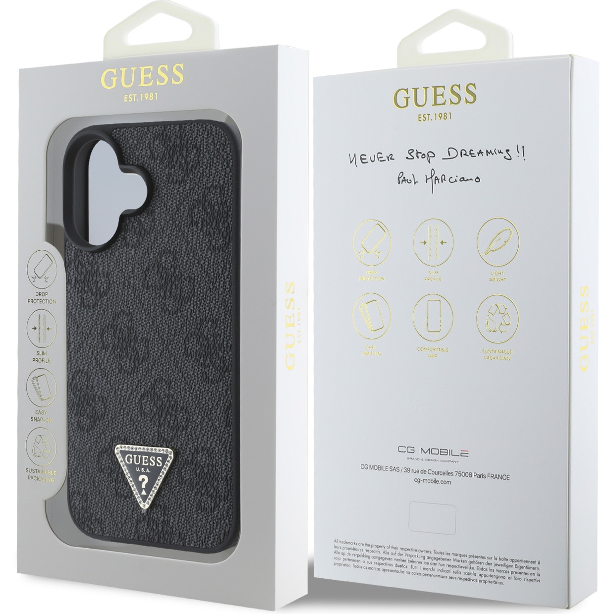 Husa de protectie Guess PU 4G Strass Triangle Metal Logo pentru iPhone 16, Negru