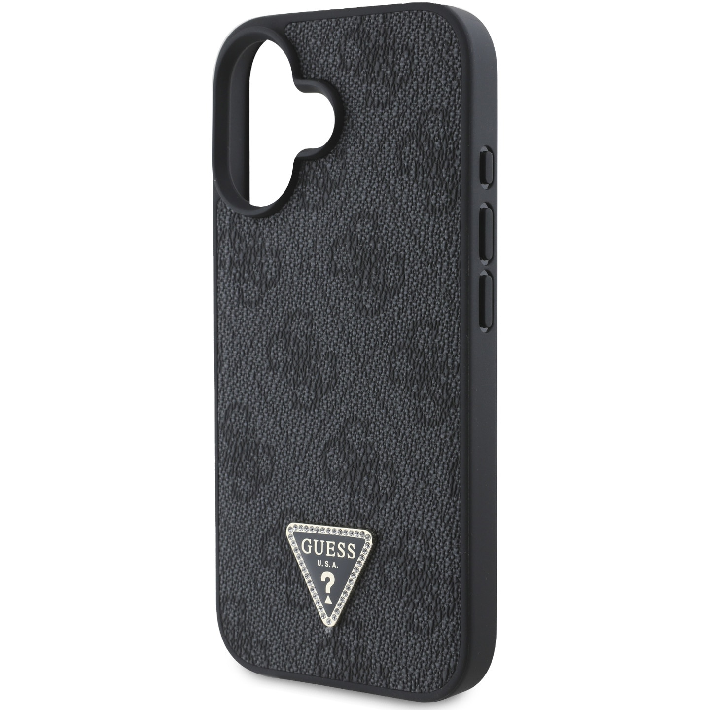 Husa de protectie Guess PU 4G Strass Triangle Metal Logo pentru iPhone 16, Negru