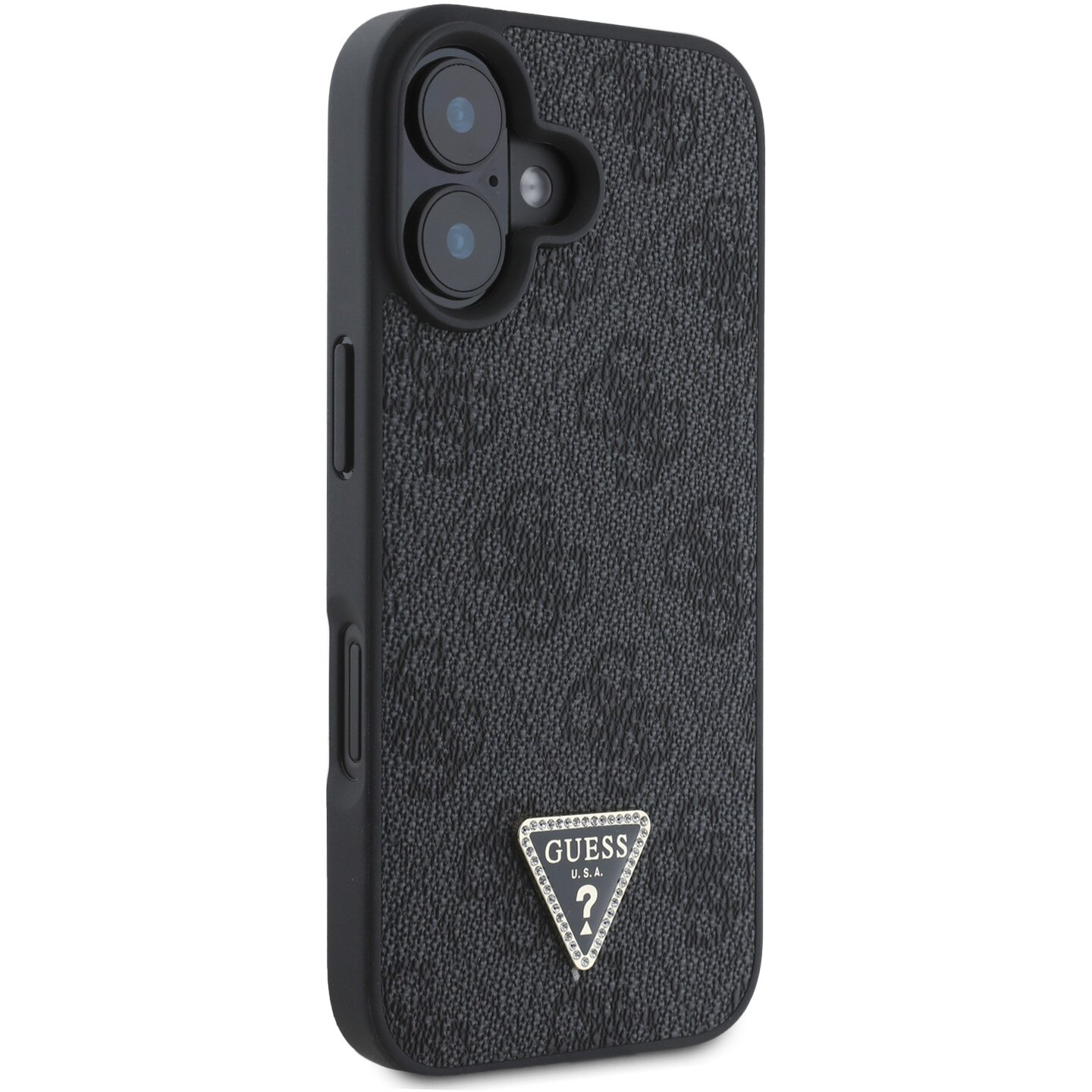 Husa de protectie Guess PU 4G Strass Triangle Metal Logo pentru iPhone 16, Negru