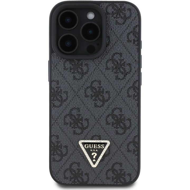 Предпазен калъф Guess PU 4G Strass Triangle Metal Logo за iPhone 16 Pro, Черен