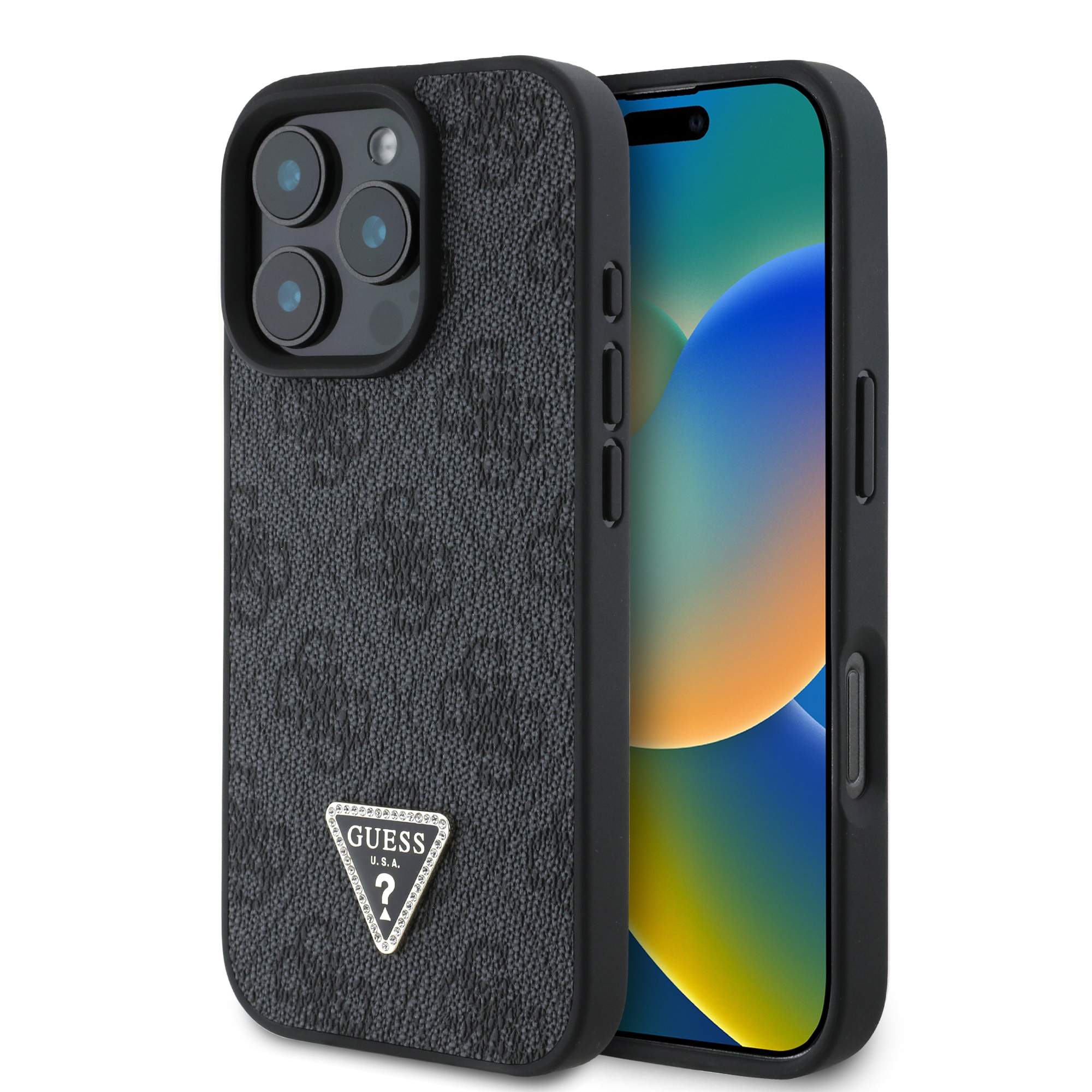 Husa de protectie Guess PU 4G Strass Triangle Metal Logo pentru iPhone 16 Pro Max, Negru