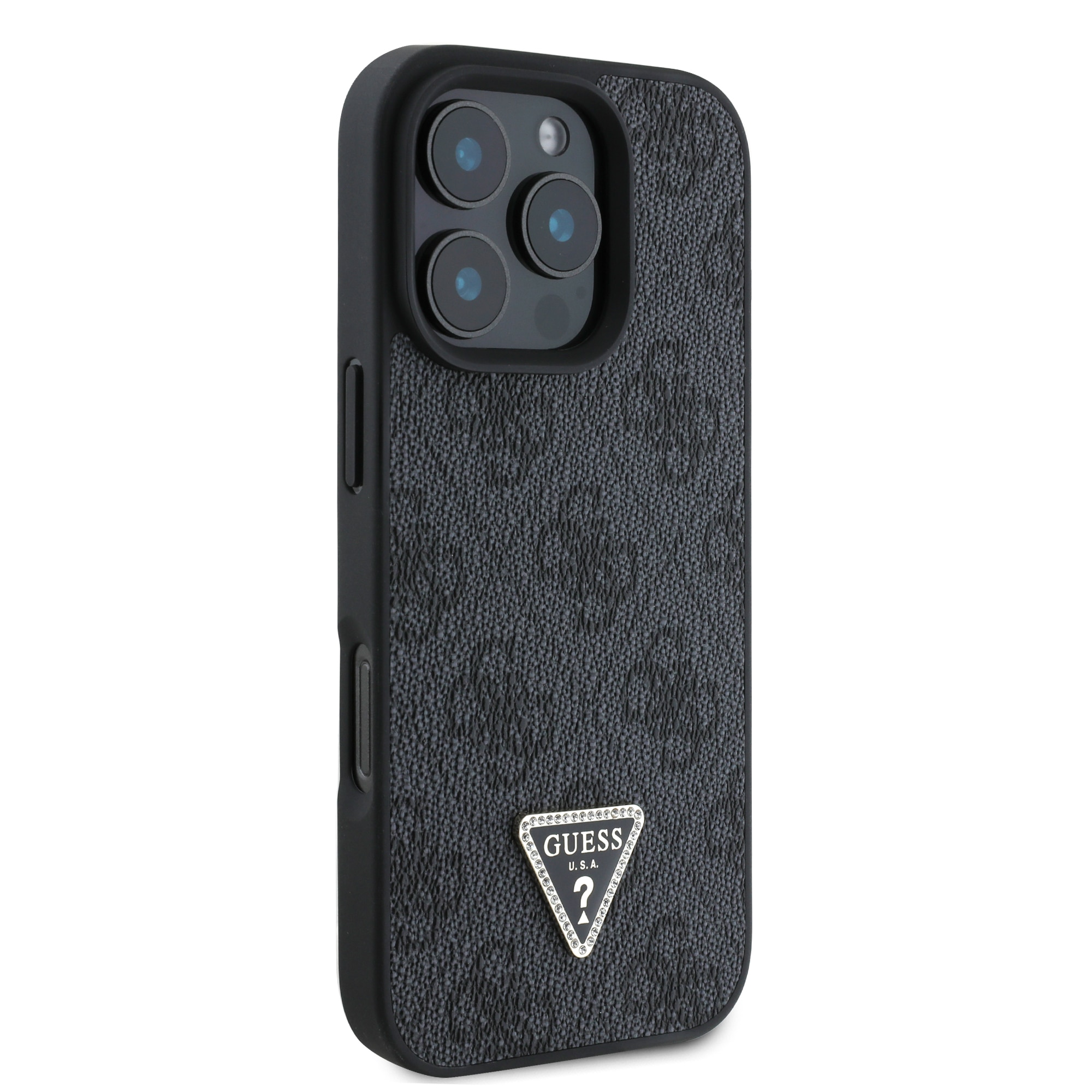 Husa de protectie Guess PU 4G Strass Triangle Metal Logo pentru iPhone 16 Pro Max, Negru
