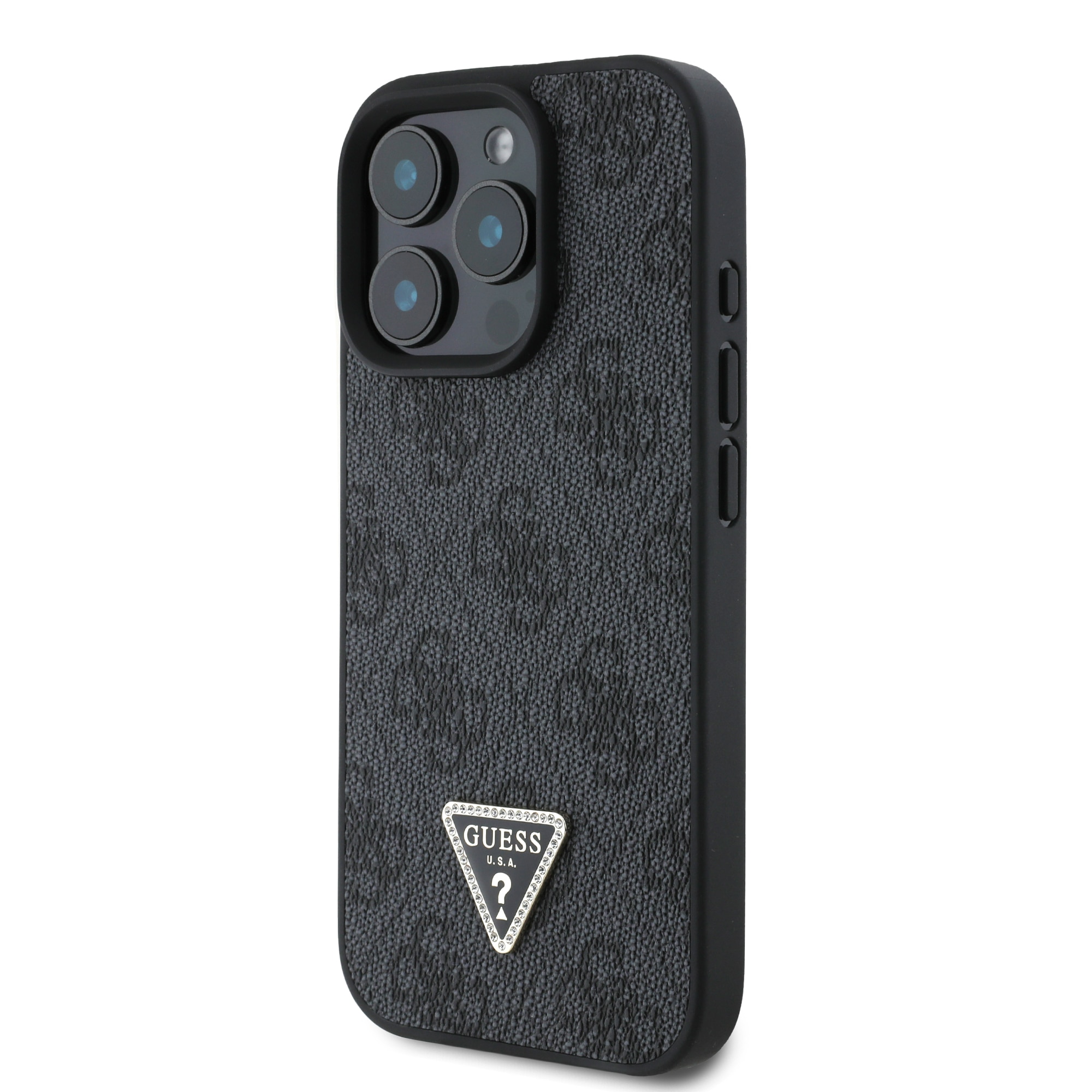 Husa de protectie Guess PU 4G Strass Triangle Metal Logo pentru iPhone 16 Pro Max, Negru