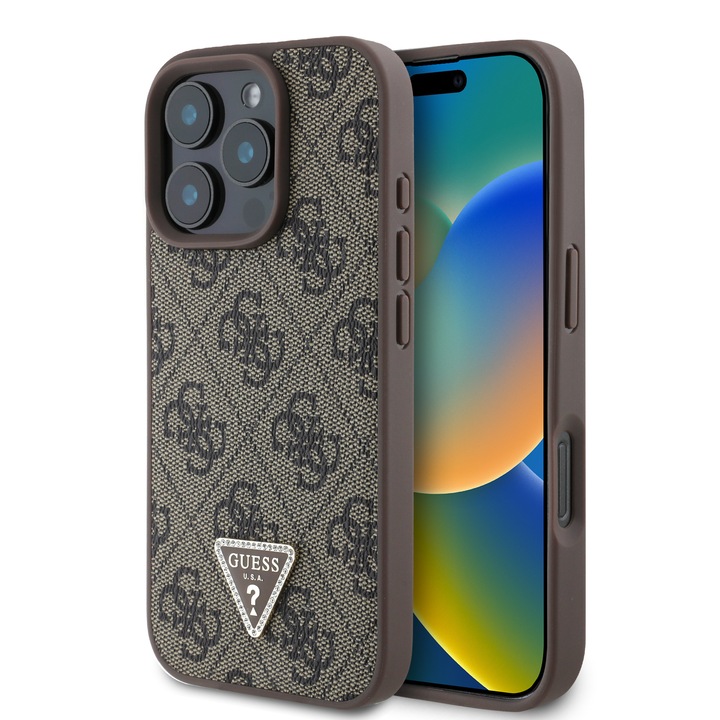 Предпазен калъф Guess PU 4G Strass Triangle Metal Logo за iPhone 16 Pro Max, Кафяв