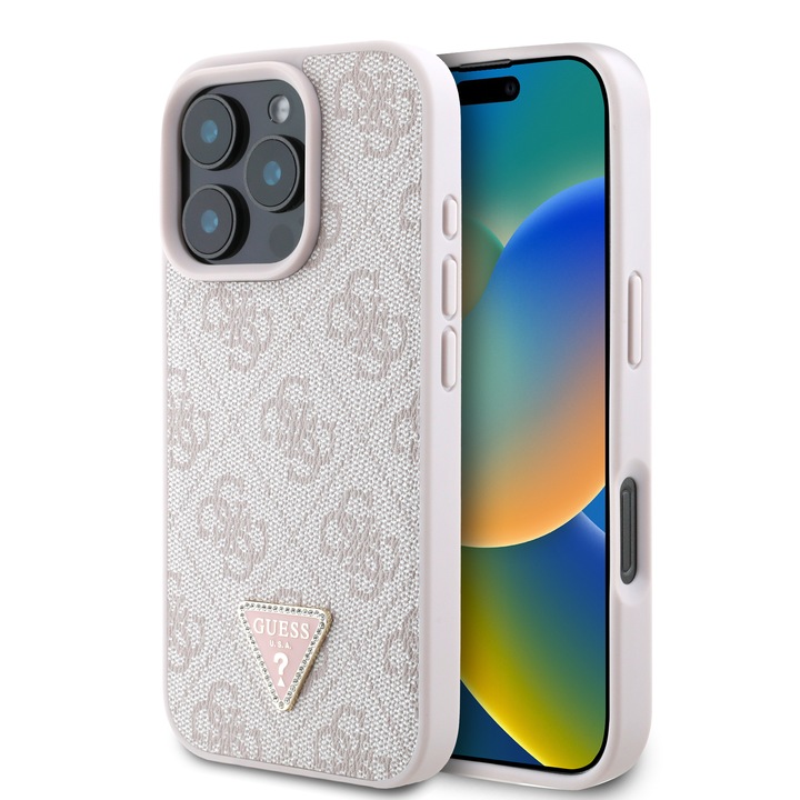 Предпазен калъф Guess PU 4G Strass Triangle Metal Logo за iPhone 16 Pro Max, Розов