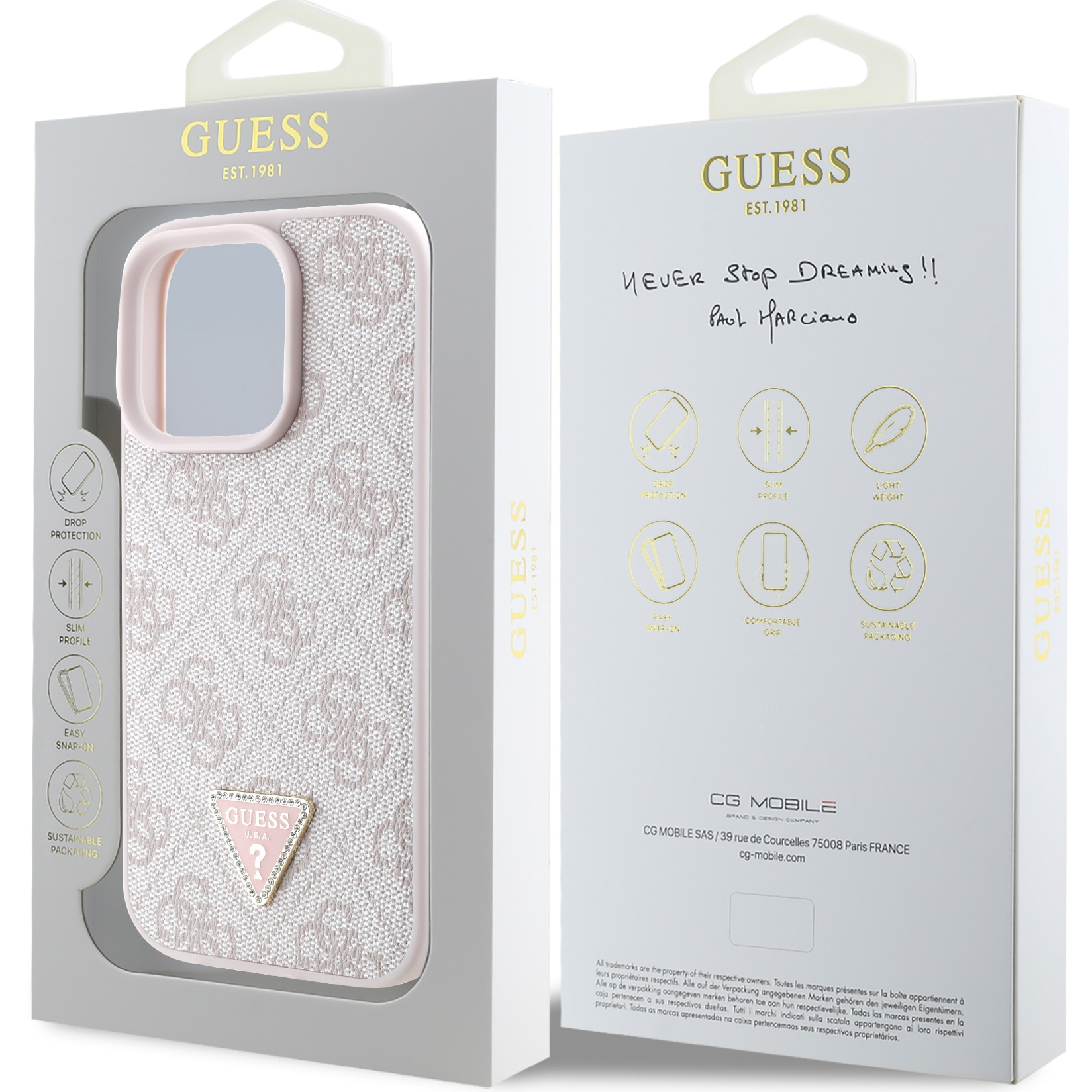 Husa de protectie Guess PU 4G Strass Triangle Metal Logo pentru iPhone 16 Pro Max, Roz